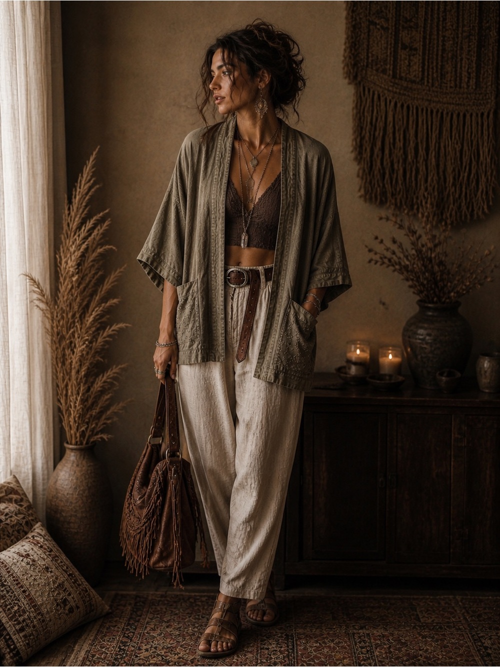 NWT Young Threads Boho Kimono Cardigan - Embroidered Pockets, Olive